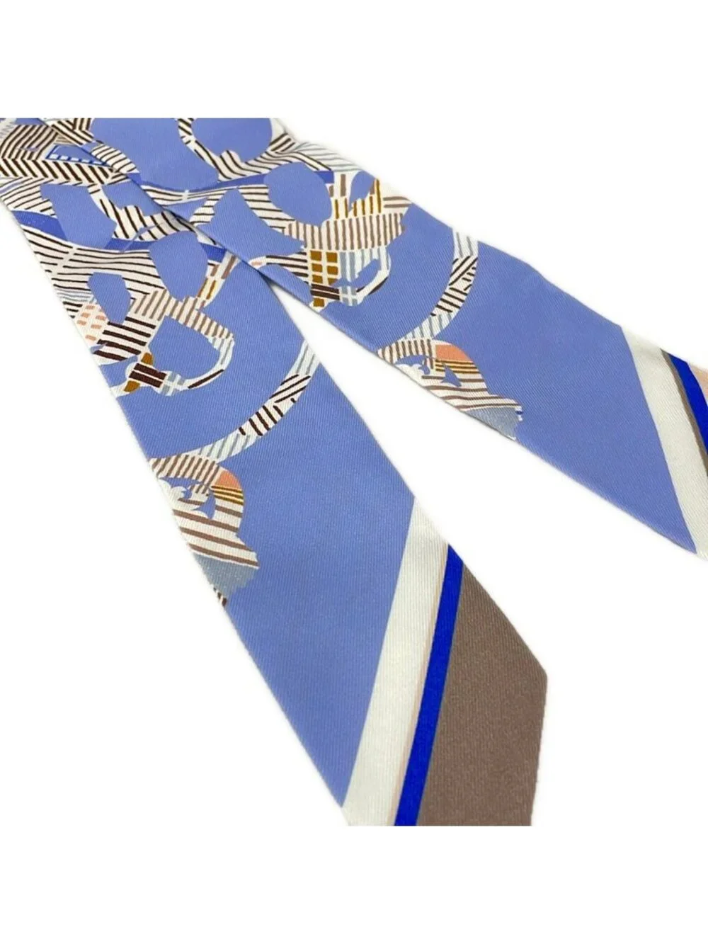 Hermes Scarf Twilight Light Blue Dark Brown Multi Ribbon